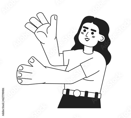 Excited latina woman presenting with hands palm up monochromatic flat vector character. Girl with raised arms. Editable thin line person on white. Simple bw cartoon spot image for web graphic design