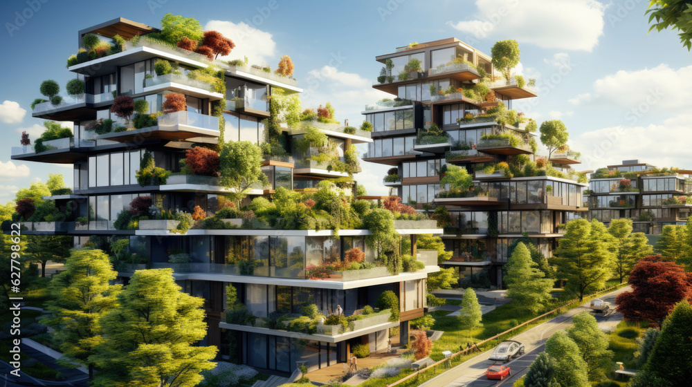 modern ecological apartments of a big city. houses with many green plants. Generative AI modern ecological apartments of a big city. houses with many green plants. Generative AI