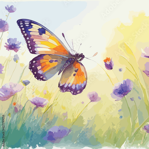 A watercolor butterfly fluttering in a sunlit meadow.