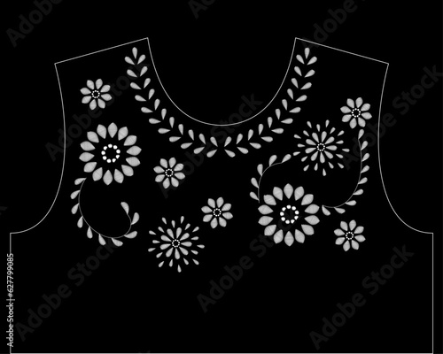 neckline design vector with satin stitch white flower.