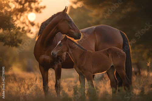 A beautiful brown mare nurturing and teaching her sweet new little foal on a golden summers evening. Generative AI