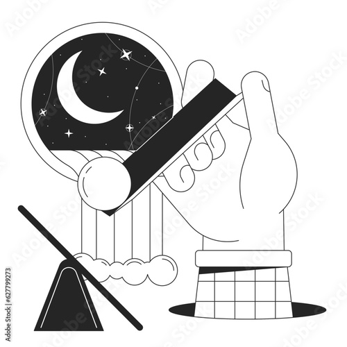Surreal esoteric bw concept vector spot illustration. Drop sphere on balance plank 2D cartoon flat line monochromatic scene for web UI design. Waterfall out window editable isolated outline hero image