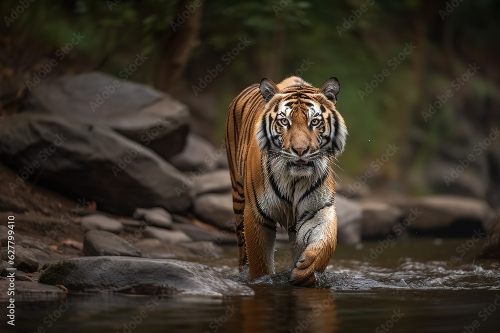 Amur tiger walking in river water. Dangerous animal in tajga, Russia. Animal in a stream in a green forest. Generative AI