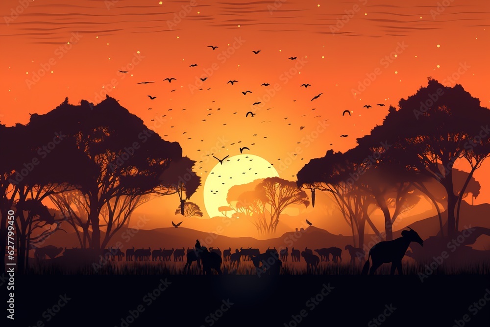Silhouettes of african wild animals at sunset. Evening in African savanna. Generated AI