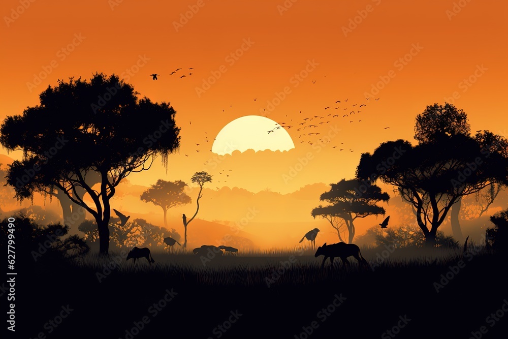 Silhouettes of african wild animals at sunset. Evening in African savanna. Generated AI