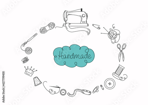 Sewing tools, doodle style. Handmade, Handicrafts set with elements of a sewing machine, threads, needles, dummy, scissors. Vector. 
