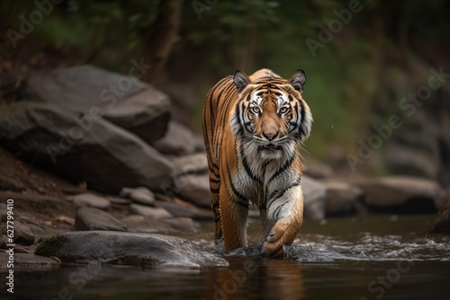 Amur tiger walking in river water. Dangerous animal in tajga, Russia. Animal in a stream in a green forest. Generative AI photo