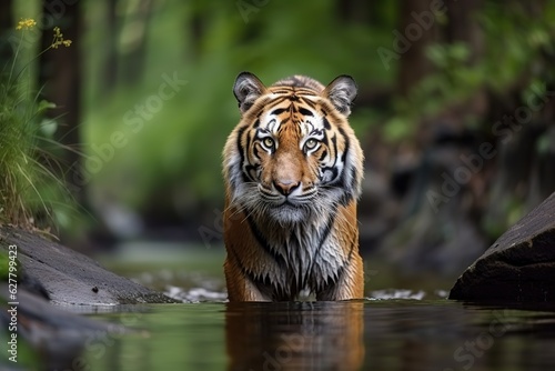 Amur tiger walking in river water. Dangerous animal in tajga  Russia. Animal in a stream in a green forest. Generative AI