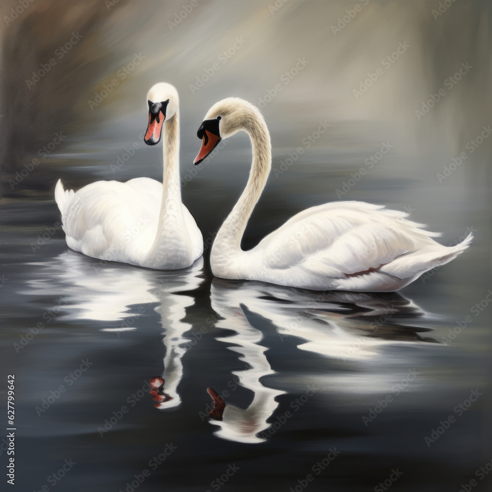 Obraz premium Painting of two mute swans swimming in pond. Bird reflections in calm water surface.