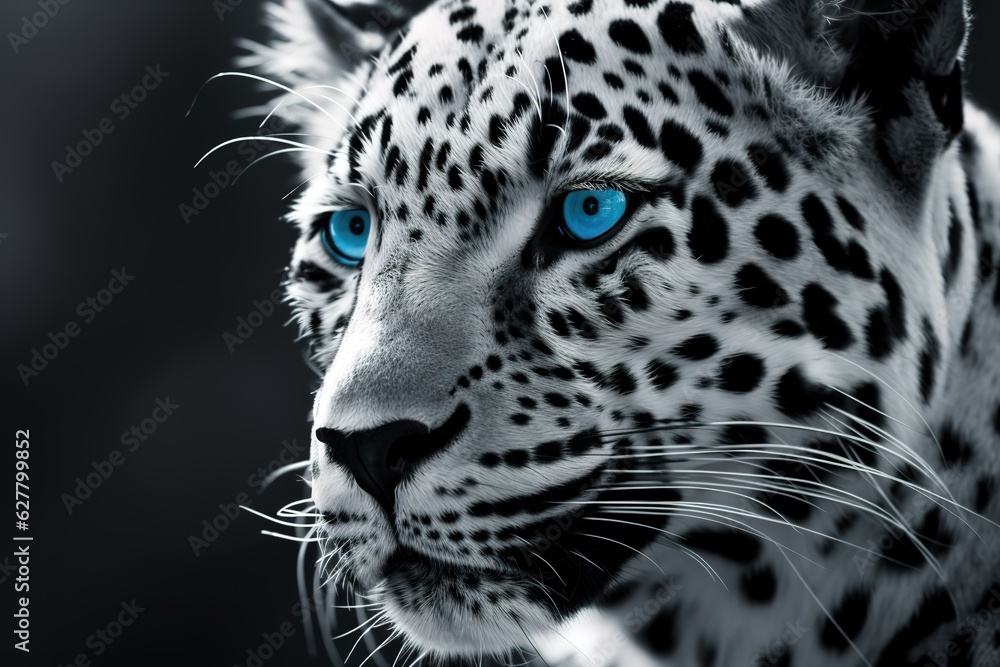 tiger with blue eyes is shown with a dark background generative ai