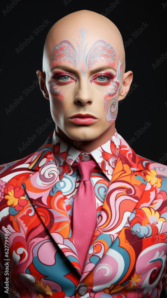 Portrait featuring a beautiful woman with a bald head, proudly displaying intricate body art. Her unique red and blue lashes accentuate her individuality and artistic spirit generated by AI. Portrait featuring a beautiful woman with a bald head, proudly displaying intricate body art. Her unique red and blue lashes accentuate her individuality and artistic spirit generated by AI.