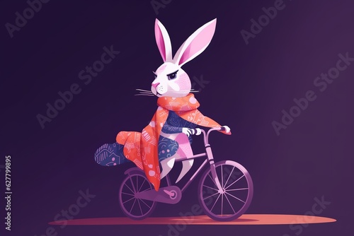 Bunny in a scarf rides a bicycle. Generative AI