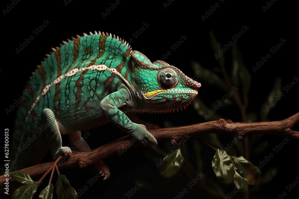 a colorful chamelon sitting on a branch with paint splatters. generative ai a colorful chamelon sitting on a branch with paint splatters. generative ai