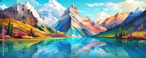 Landscape with big shaped mountains and blue large clean lake, colorful panorama.