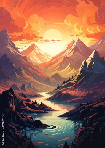 Landscape with big shaped mountains and blue clean river, colorful wallpaper. © annamaria