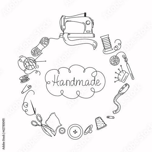 Sewing tools, doodle style. Handmade. Handicrafts set,  elements of a sewing machine, threads, needles, dummy, scissors. Vector  illustration, isolated background.	