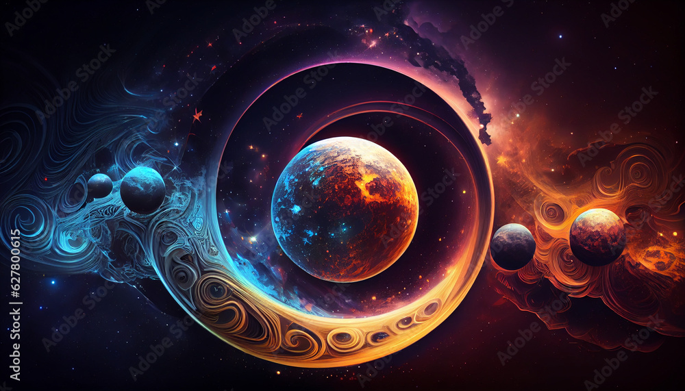 A swirling design with planets in the background and stars in the sky above it, Ai generated image