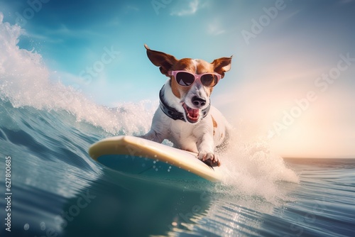 jack russell dog surfing on a wave on ocean sea. Generated AI © create