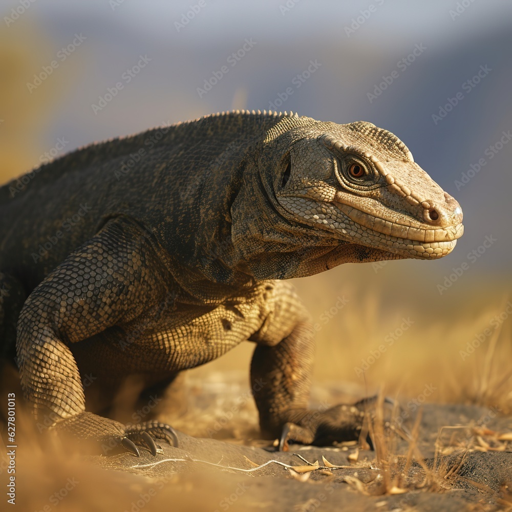 Obraz premium Komodo Dragon, the largest lizard in the world walks at camera with dangerous look. Generated AI