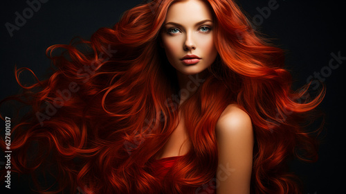 Beautiful girl with very long red well-groomed smooth hair. Develop. Advertisement for hairdresser, beauty salon, hair banner. AI generation