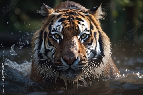 Siberian tiger Panthera tigris altaica low angle. Generated AI
