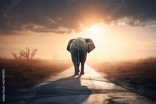 Single elephant walking in a road with the Sun. Generated AI