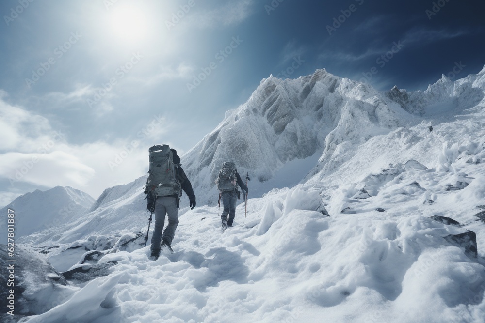 Photograph of people hiking in mountains with fresh snow, Generative AI