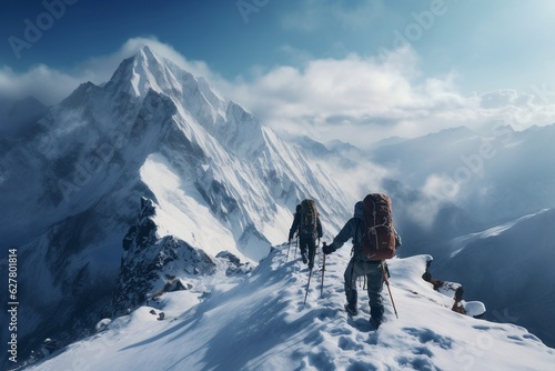 Photograph of people hiking in mountains with fresh snow, Generative AI