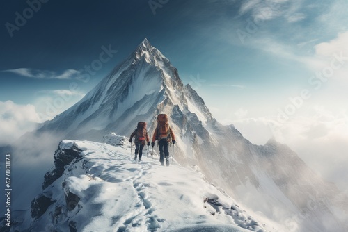 Photograph of people hiking in mountains with fresh snow, Generative AI