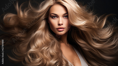 Beautiful blonde girl with very long well-groomed smooth hair. Develop. Advertisement for hairdresser, beauty salon, hair banner. AI generation
