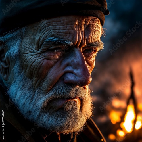 Old Man Face closeup with Campfire iluminated background photo