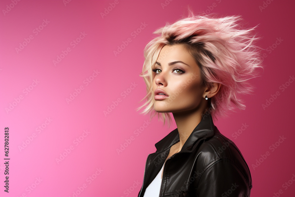 A young woman wearing leather jacket with a blonde violet  hair ion a violet solid background