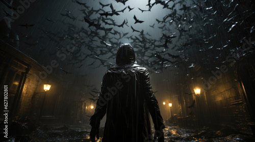 Man in a dark street, raining, bats flying,