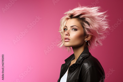 A young woman wearing leather jacket with a blonde violet  hair ion a violet solid background