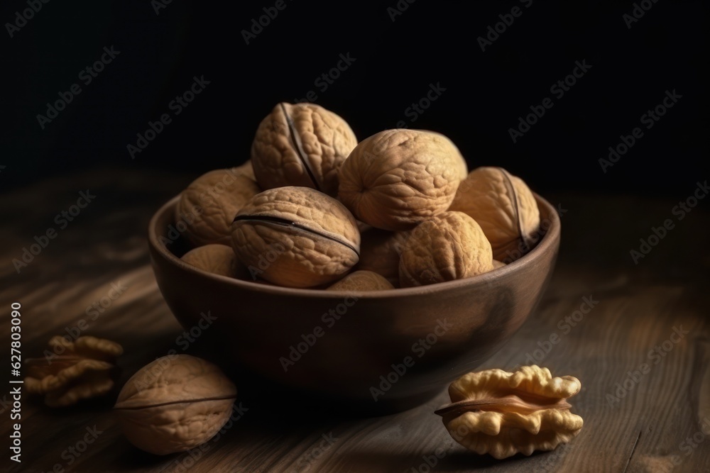 Walnuts in a bowl on wooden background, healthy foods concept generative ai Walnuts in a bowl on wooden background, healthy foods concept generative ai
