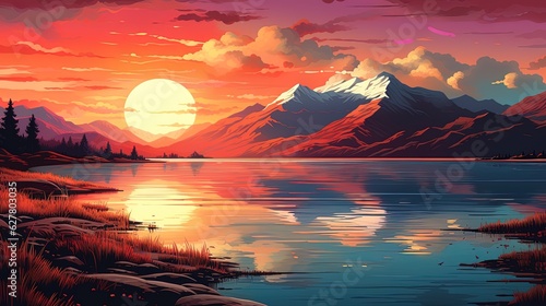 Illustration of a sunset over a mountain lake, generated by AI