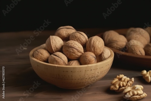 Walnuts in a bowl on wooden background, healthy foods concept generative ai