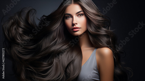 Beautiful brunette girl with very long well-groomed smooth hair. Develop. Advertisement for hairdresser, beauty salon, hair banner. AI generation