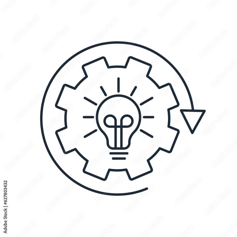 Light bulb, gear and movement arrow. Innovation. original solution. New systems.Vector linear icon isolated on white background. Light bulb, gear and movement arrow. Innovation. original solution. New systems.Vector linear icon isolated on white background.