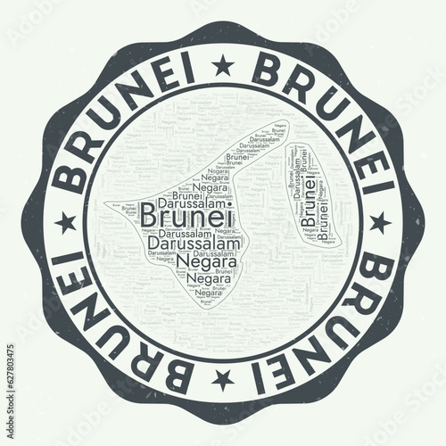 Brunei logo. Awesome country badge with word cloud in shape of Brunei. Round emblem with country name. Vibrant vector illustration.