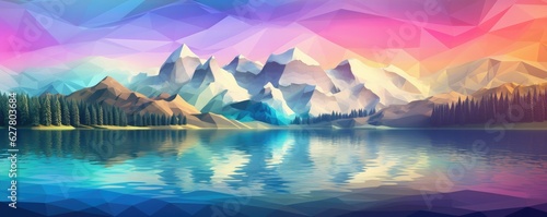 Landscape with big shaped mountains and blue large clean lake  colorful panorama.