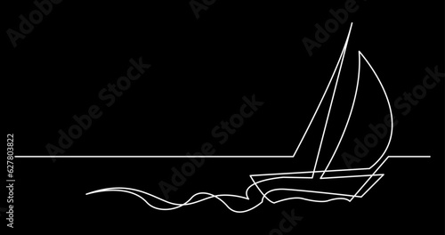 continuous line drawing vector illustration with FULLY EDITABLE STROKE of yacht sailing  sea logo concept black background