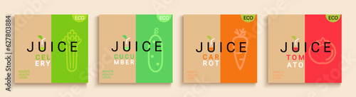 Set of juice cards.Celery,cucumber,carrot,tomato juices flyers for healthy drinks in minimal flat style.Fruits,vegetables drinks.Template for design for local markets and eco farms.Vector illustration