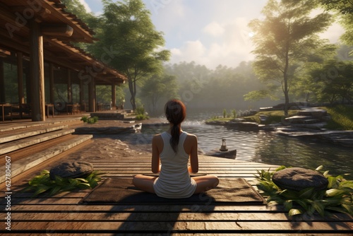 Concept of relaxation in yoga retreats amidst nature, Generative AI