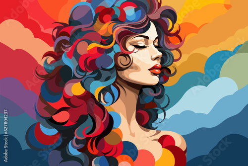 Vector Illustration of a LGBTQ Community Celebration and Love  Women with a colorful curly hair