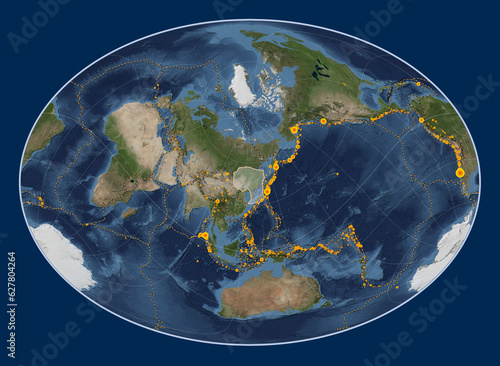 Amur tectonic plate. Satellite. Fahey Oblique. Earthquakes and boundaries