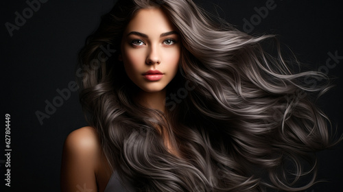 Beautiful brunette girl with very long well-groomed smooth hair. Develop. Advertisement for hairdresser, beauty salon, hair banner. AI generation