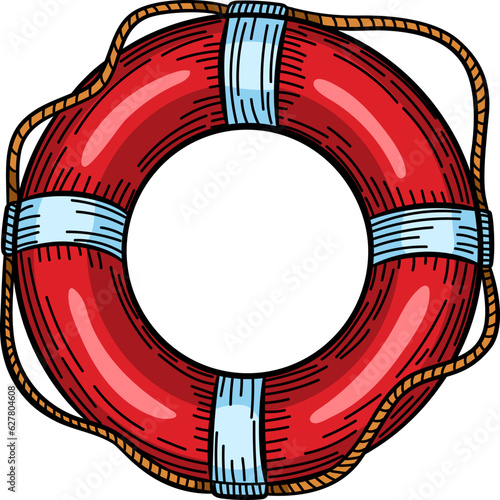 Red lifebuoy with rope isolated sketch. Hand drawn life ring in engraving style. Vintage illustration