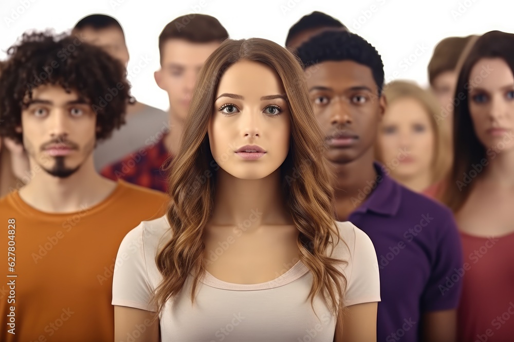 Frustrated young woman standing among multi ethnic group of people.