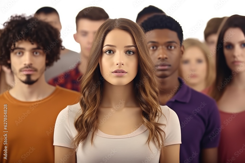 Frustrated young woman standing among multi ethnic group of people. Frustrated young woman standing among multi ethnic group of people.